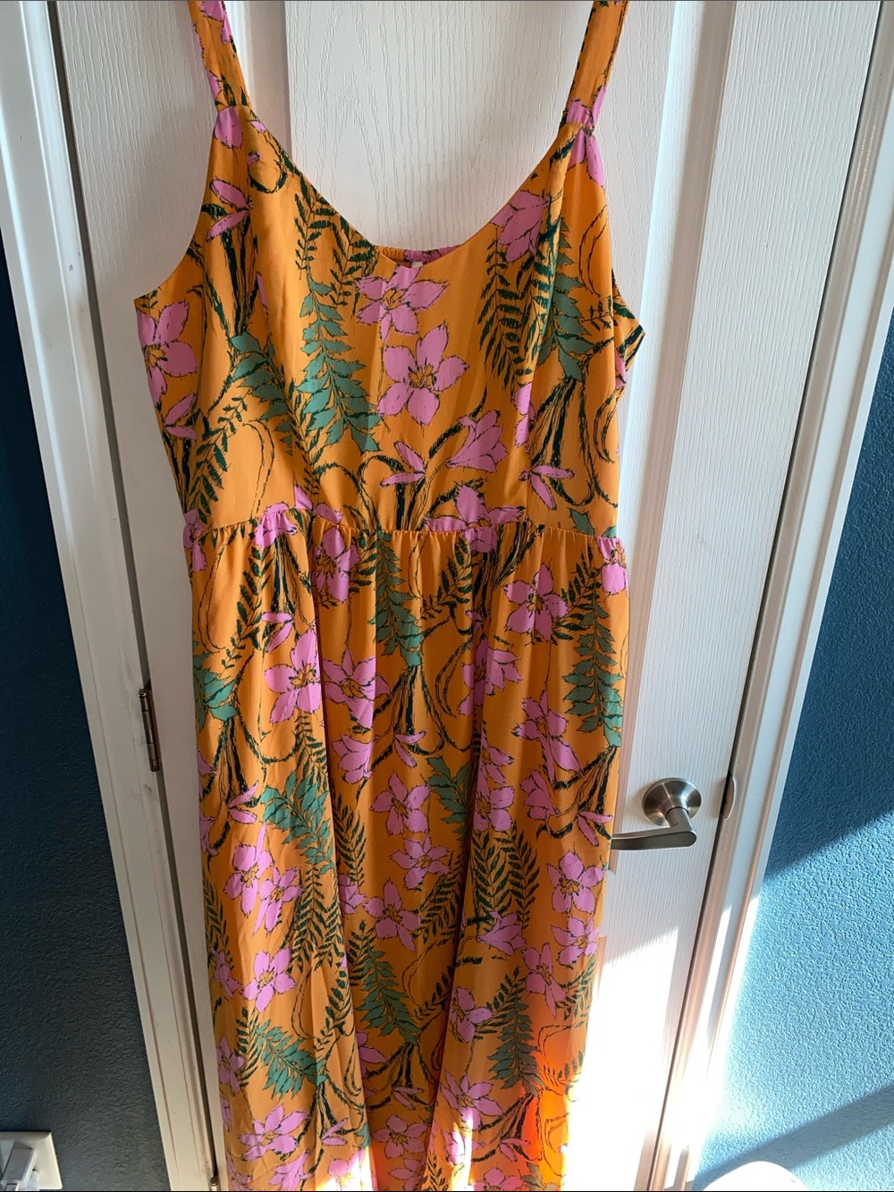 Gibson Latimer Orange Dress with Pink Floral & Green Leaf Print